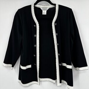 Exclusively Misook Petite Black White Trim Jewel Button Cardigan Sweater Knit Md